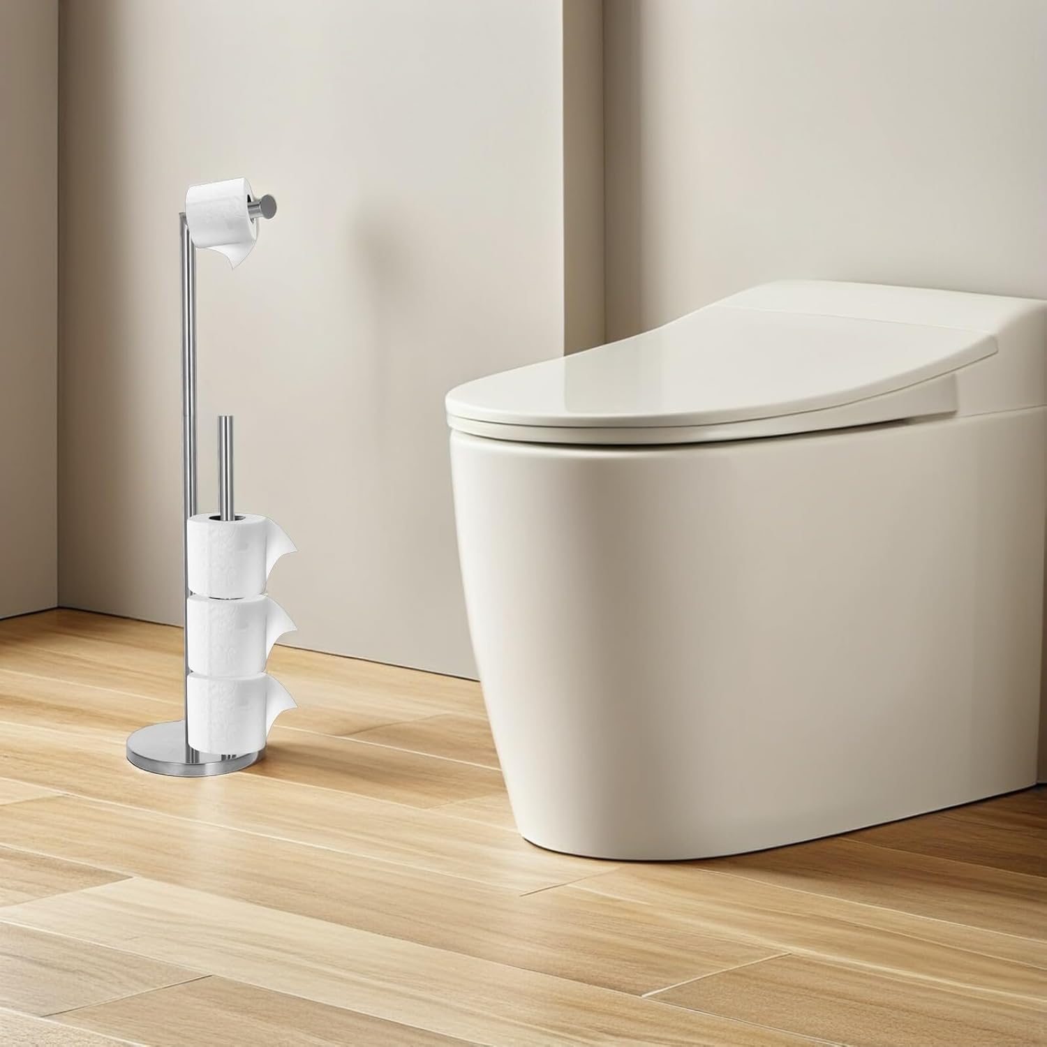 VILLCASE Standing Toilet Paper Holder Floor Stand with Storage Base, Bathroom Tissue Roll Holder for Home Use, Natural Color Eva Non-Slip Bottom, 0.8mm Thick Sturdy Metal Frame