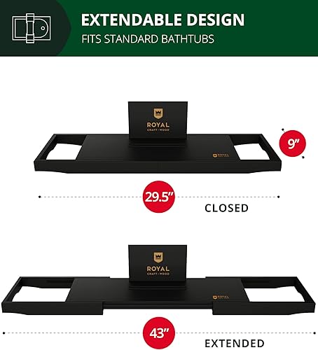 Miniatura 7 de Royal Craft - Bandeja de bambú para bañera con soporte para libro y vino Bambú Negro,Negro (plegable),Bambú carbonizado (marrón),Gris