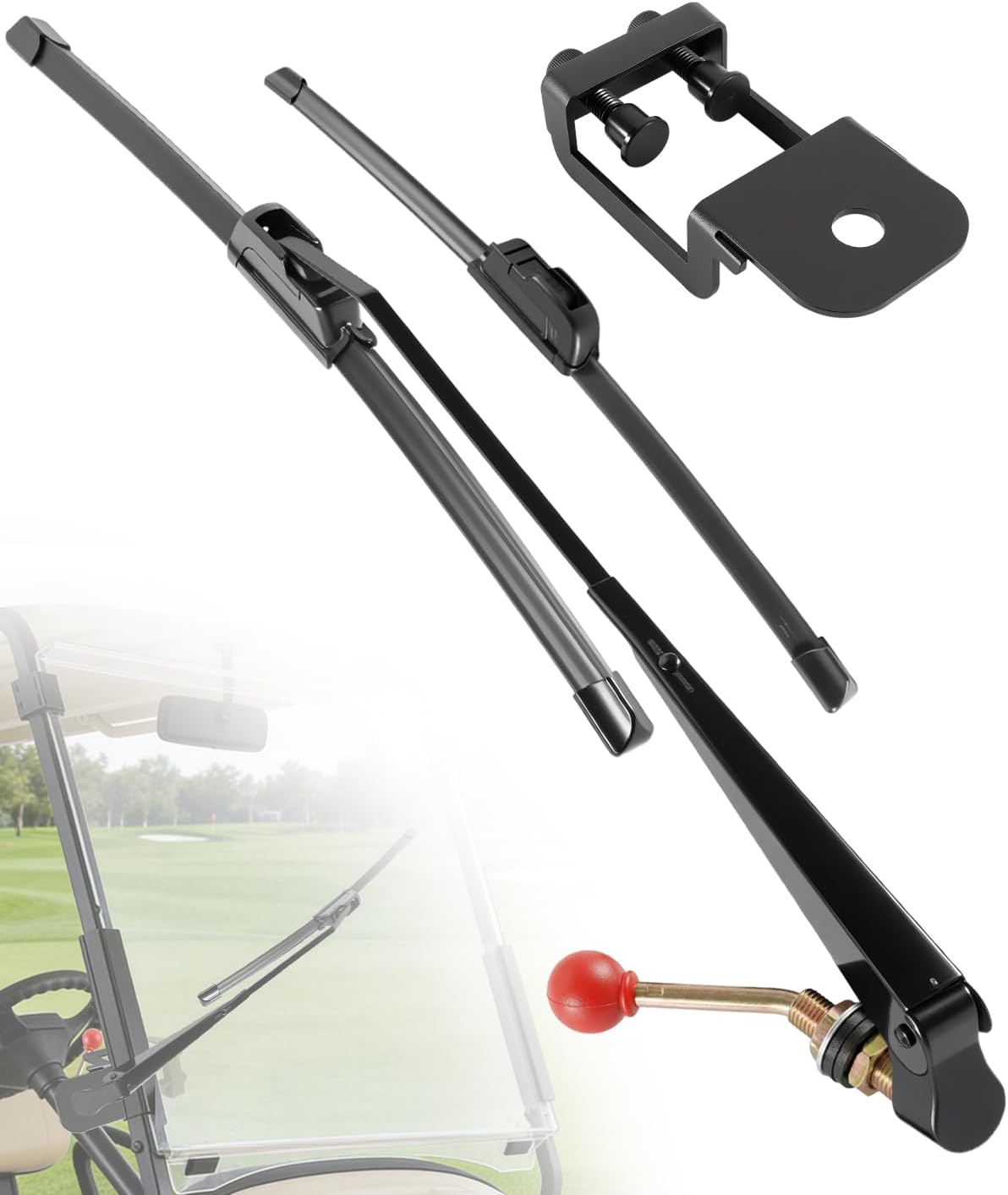 Universal Golf Cart Windshield Wiper Blade Kit with Manual Wiper Arm and Mounting Bracket, 40cm Carbon Steel Wiper Set, Compatible with Ezgo Yamaha Club Car, Clear Visibility in Rain and Mud
