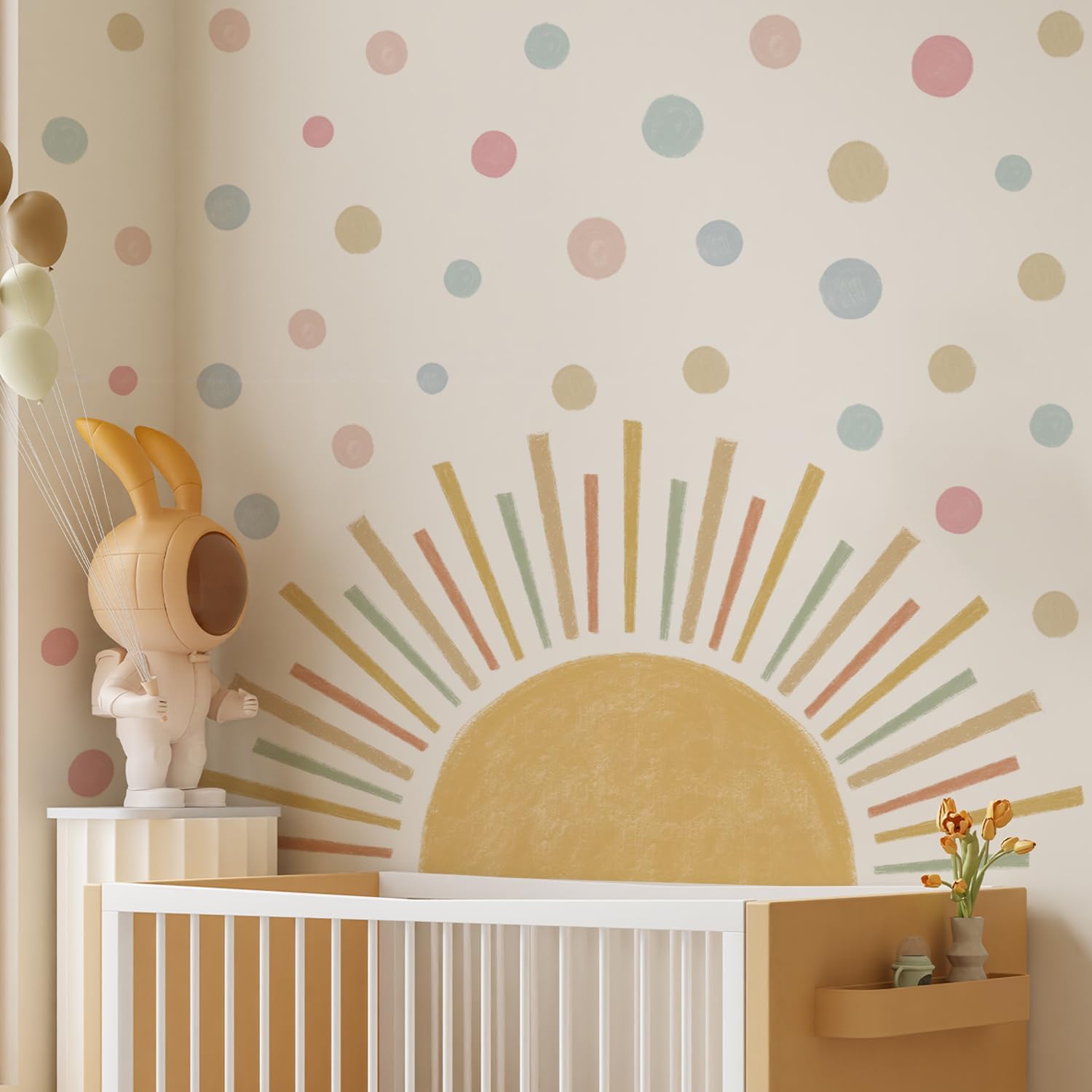 Large Fabric Watercolor Boho Half Sun Wall Decals Peel and Stick, Pastel Sunrise Wall Murals Stickers Hearts, Polka Dots Wall Art Decor for Kids Room Playroom Nursery Bedroom, 48.03" x 28.74"