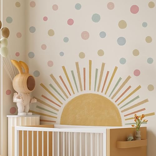 Miniatura 11 de Grandes calcomanías de tela acuarela boho medio sol para pared despegables y adhesivas, calcomanías de mural de amanecer en tonos pastel, decoración