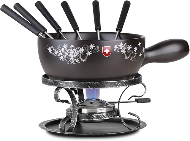 Artestia 2.11-Quart Ceramic Fondue Pot Set Cheese Chocolate Melting Pot Metal Stand with 6 Fondue Forks and Swiss Floral Pattern, Perfect for 6-8 People, 10 Piece