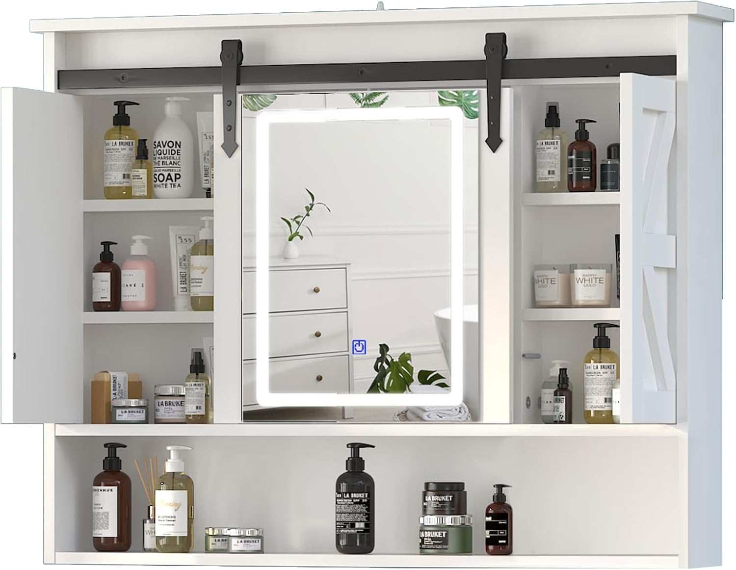 Bathroom Mirror Cabinet with Lighting Mirror Cabinet with Sliding Door for Bathroom 3 Colour LED Wall Cabinet with Mirror Wall Mounted for Kitchen/Laundry Room 90 x 15 x 70 cm