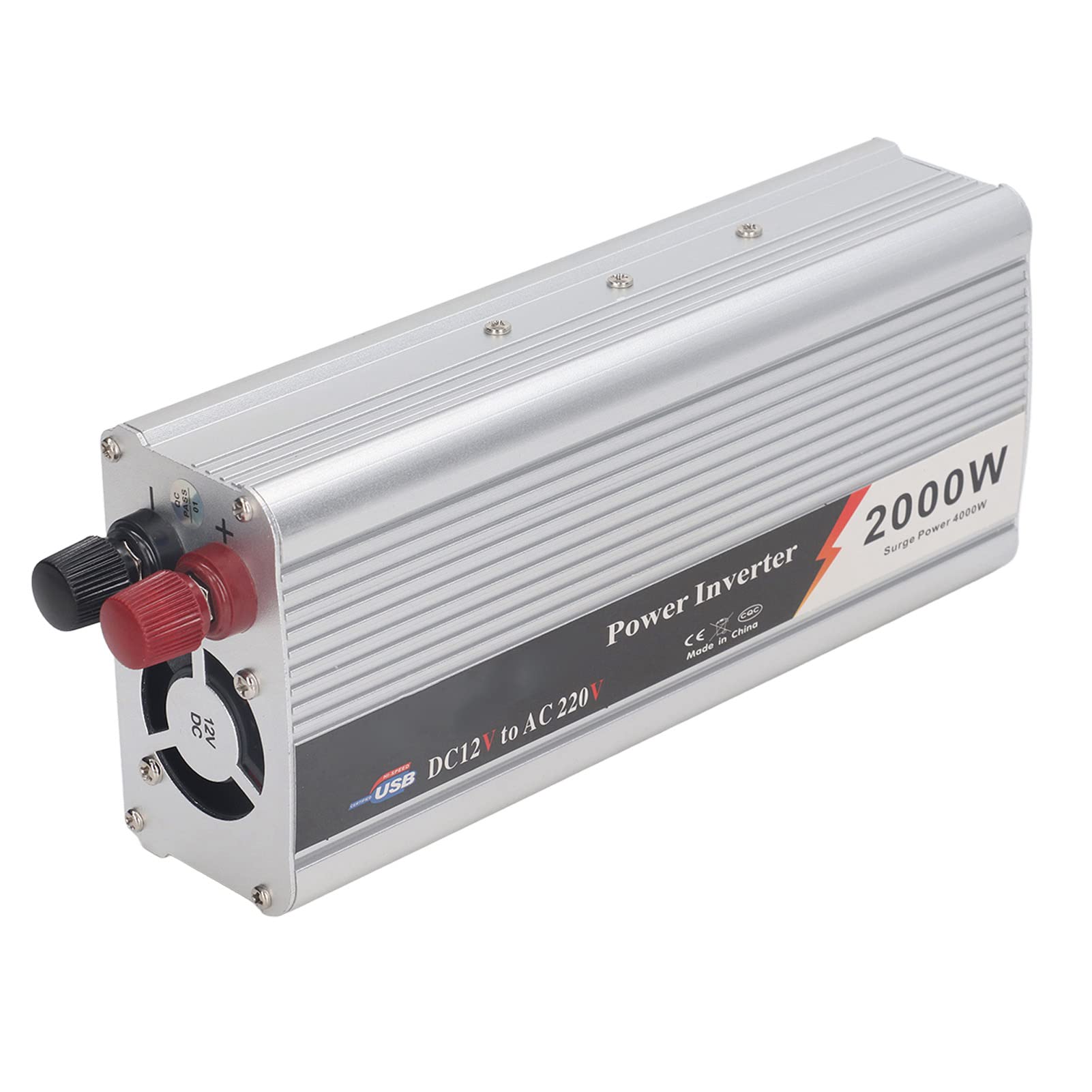 Inversor de Corriente para Automóvil de 2000 W, CC 12 V a CA 220-230 V, Onda Sinusoidal Corregida, con 1 Enchufe Universal, Interfaz USB de 5 V, Protección Múltiple, para Cargar