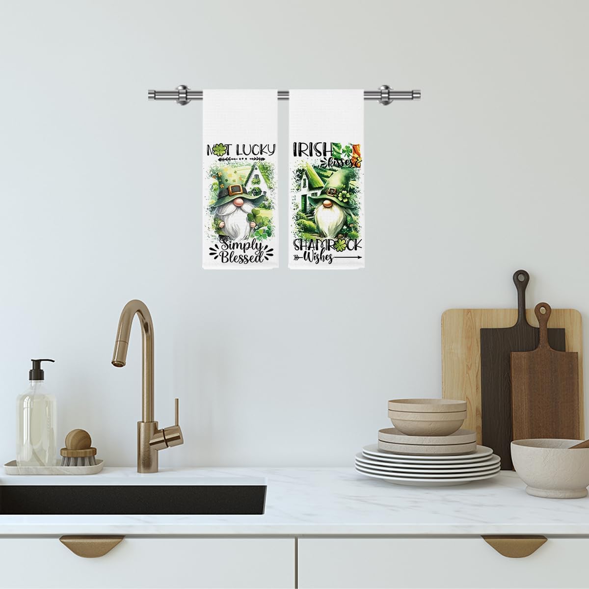 2Pcs St Patricks Day Gnome Kitchen Towels Green Shamrock Irish Blessed St Patricks Day Seasonal Waffle Weave Hand Tea Dish Towels Spring Decorations for Farmhouse Home Kitchen Bathroom 14 x 23 Inches - Image 6