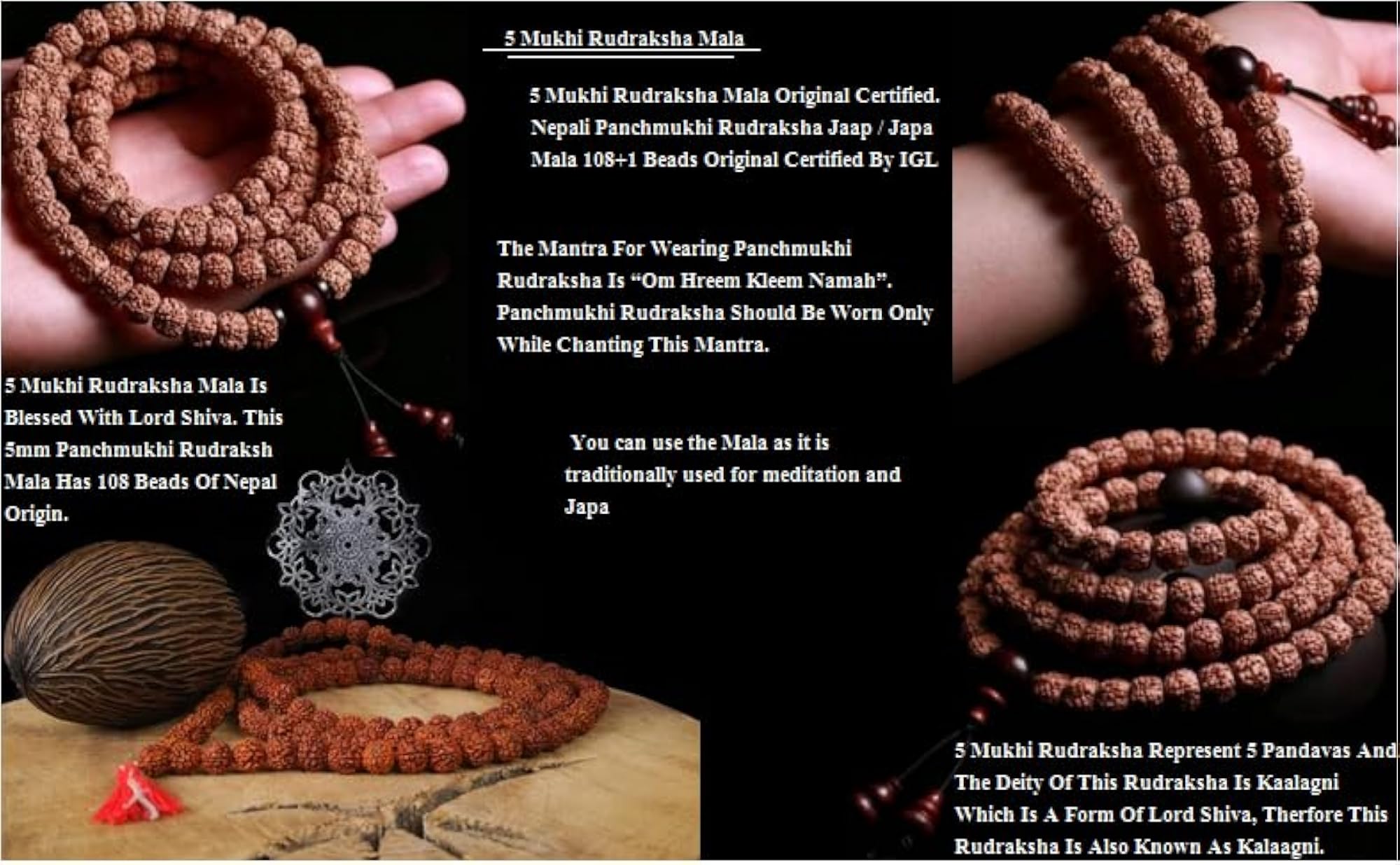 5 Mukhi Rudraksha Mala, Authentic Nepali Beads, Spiritual Gift