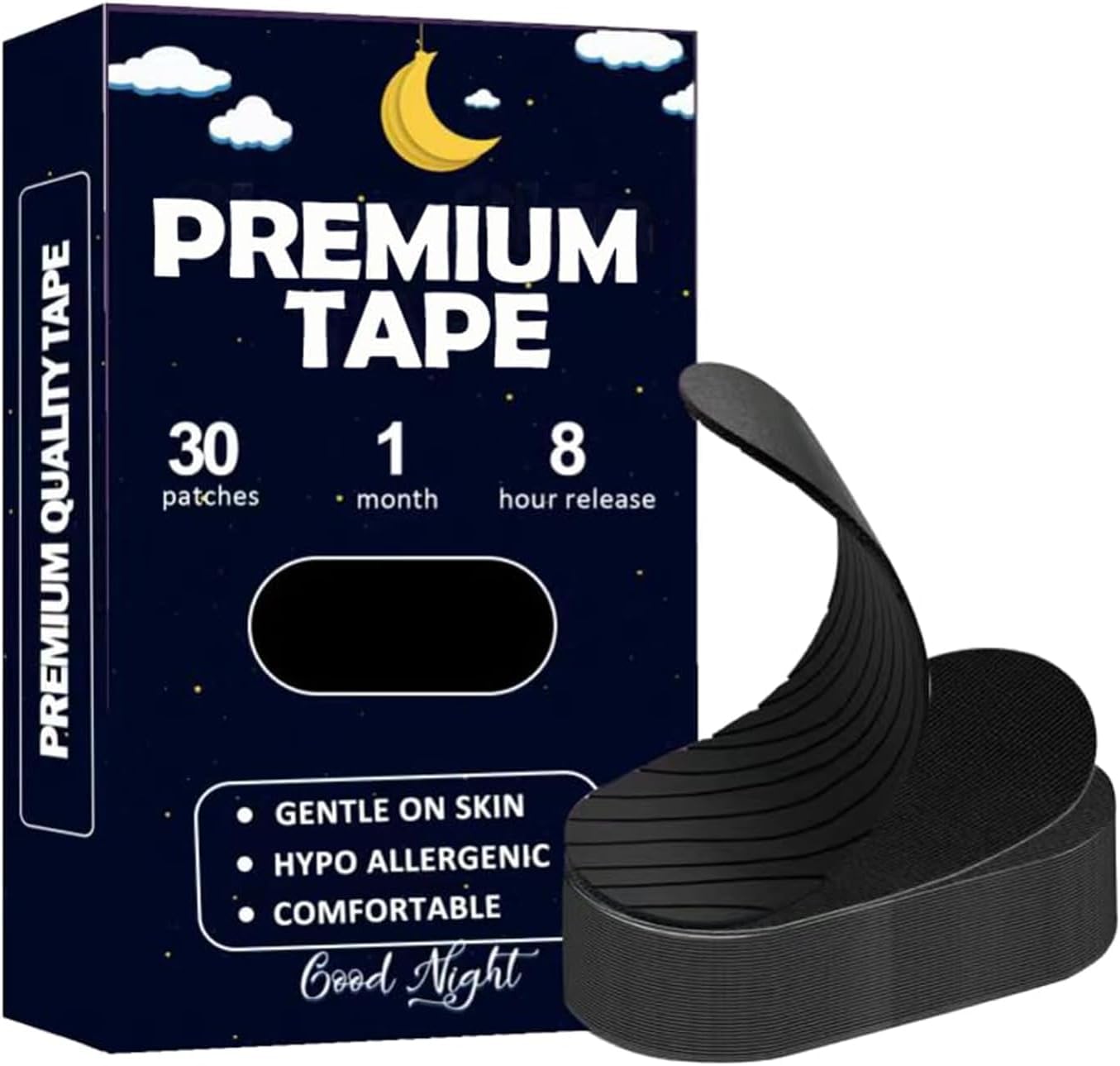 Mouth Tape for Sleeping Black Premium Tape (30-Pack) - Pain Free Removal, Hypoallergenic, Latex Free & Gentle On Skin