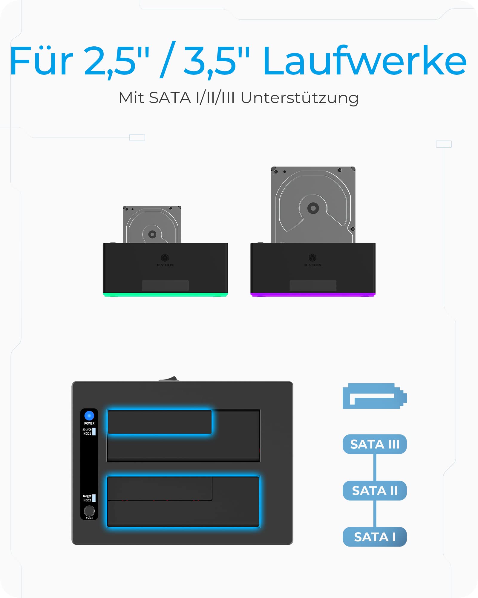 ICY Box USB 3.0 2-Fach Festplatten Docking Station für 2,5" und 3,5" SATA HDD/SSD, RGB, Offline-Klonfunktion, USB-C & USB-A, UASP, IB-127CL-U3