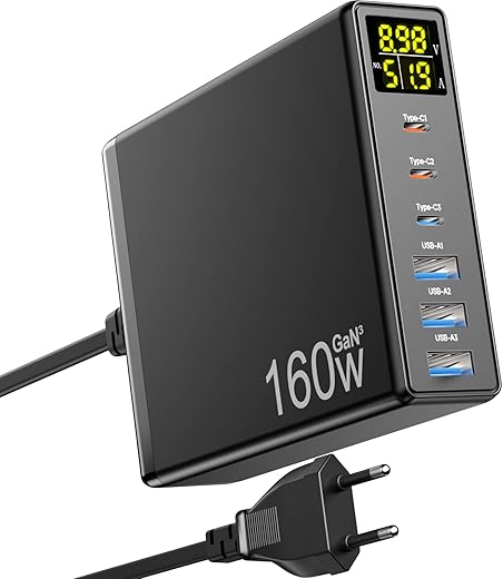 Caricatore Rapido USB C, 160W GaN 6-Port con Display a...