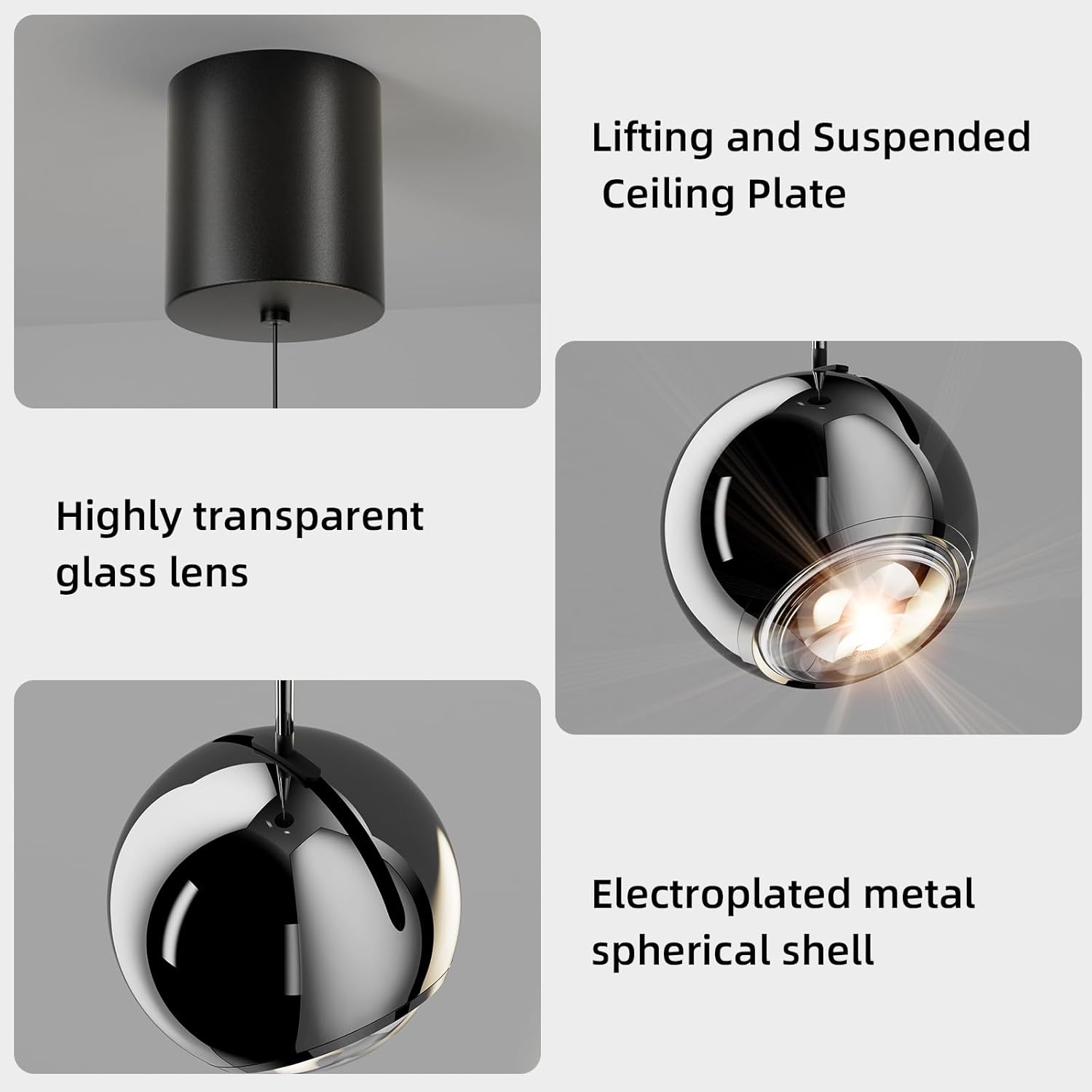ziidoo Modern Black Pendant Light Globe Chandelier,90 Degree Rotation Arbitrarily Adjustable Electroplate Hanging Lamp for Kitchen Island Bedroom LED Ceiling Lights Fixture Small Round Dining Room