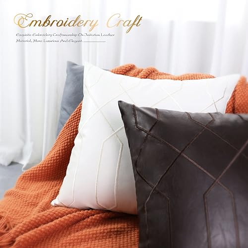 Miniatura 5 de BRAWARM Fundas de almohada de cuero de 16 x 16 pulgadas, fundas de almohada de piel sintética marrón, paquete de 2, almohadas decorativas de cuero