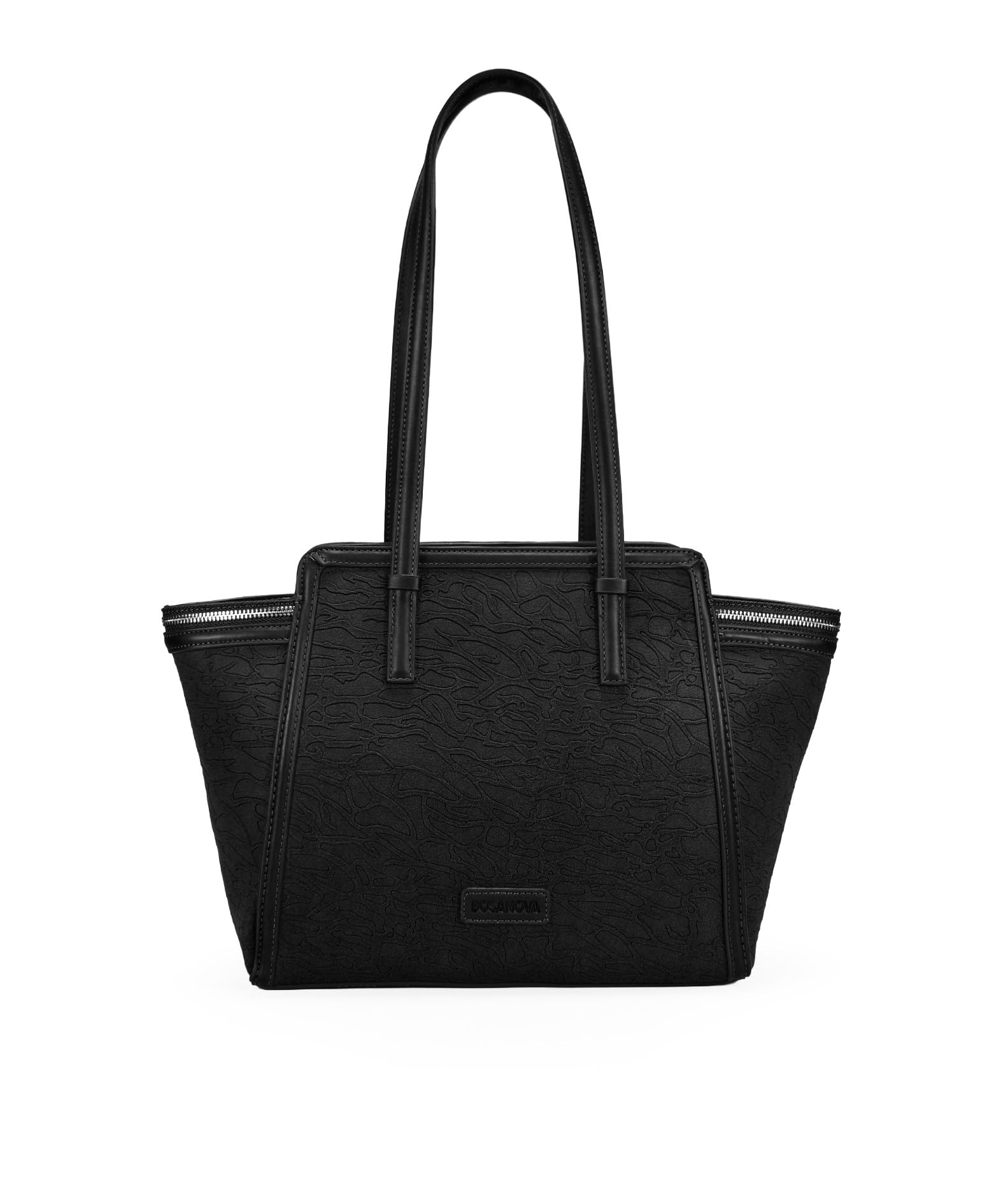 BOSANOVA Bolso de Hombro Estilo Shopper para Mujer con Estampado Abstracto y Cremalleras de Metal. Asas de Colgar y Cierre con Cremallera. Negro U