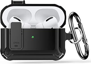 جراب حماية لهيكل سماعات ايربودز برو مع سلسلة مفاتيح، جراب متين بقفل امان ومدرع بنمط عسكري، جراب هيكل صلب مضاد للصدمات ومقاوم للخدوش لسماعات ايربودز برو 2019، بلمبة ليد امامية مرئية، اسود