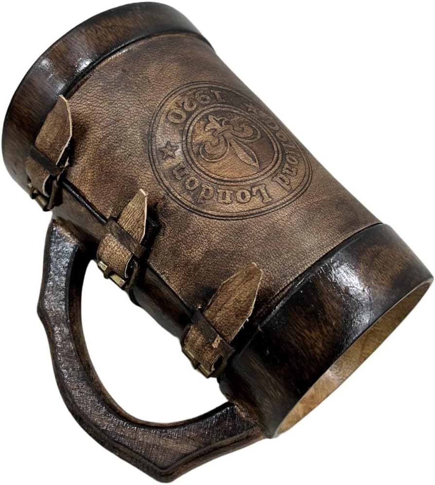 collectiblesBuy Handcrafted Wooden Beer Tankard with Leather Wrap Vintage Dollond London 1920 Design Rustic Dark Brown Mug for Beer Coffee Tea Ideal Gift