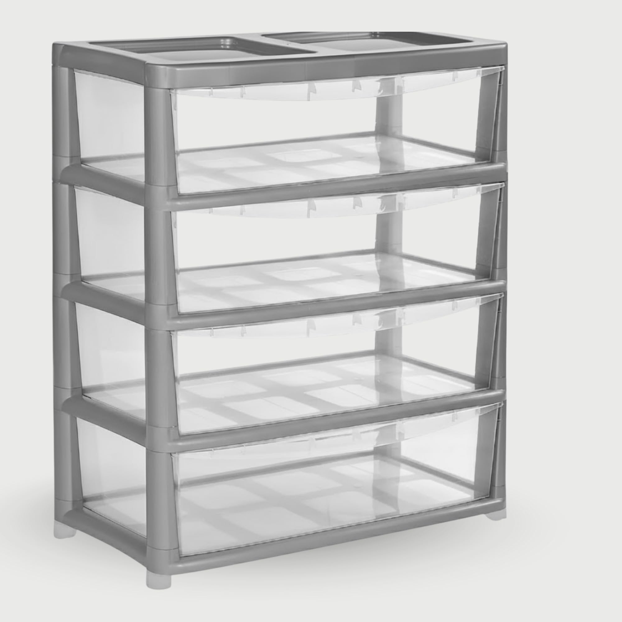 SIDSONS Jumbo Chest 4 Drawers Storage Unit, Plastic Drawers Home Office Closet Bedroom Dorm, Modular Storage Tower Cabinet Nursery School Storage Solution (Silver/Clear, 4 Drawers Jumbo)