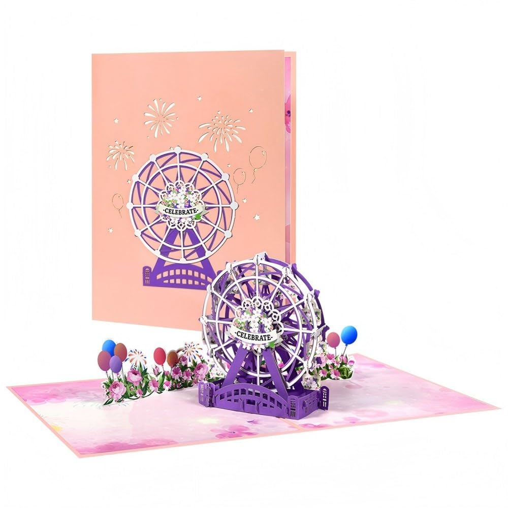 Purple Ferris Wheel 3D Pop Up Card, Amusement Park Celebration with Balloons, Birthday & Anniversary Greeting Card for Adults, Milestone