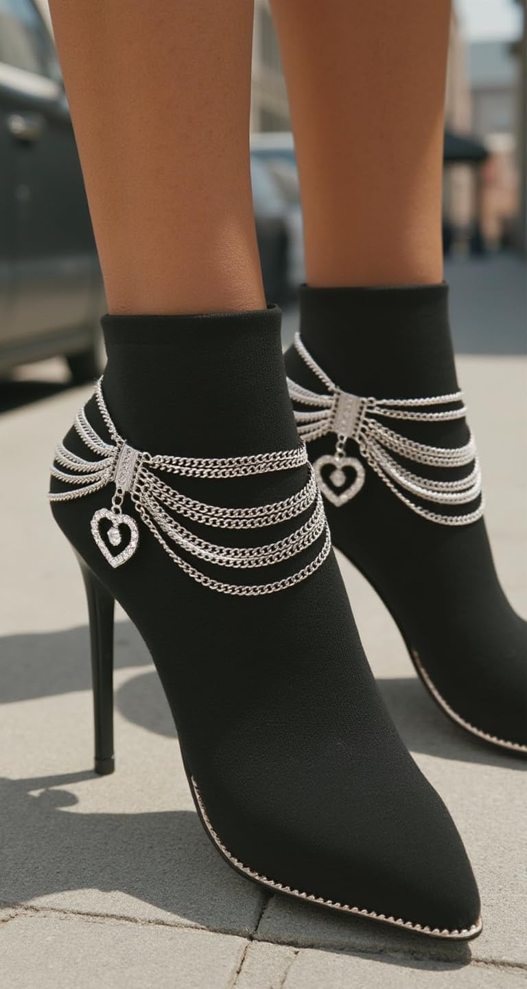 Trendy Fashion Jewelry Women 2 Boot Bracelets SET Western Silver Metal Chain Shoe Bling Love Heart Charm Anklet PAIR