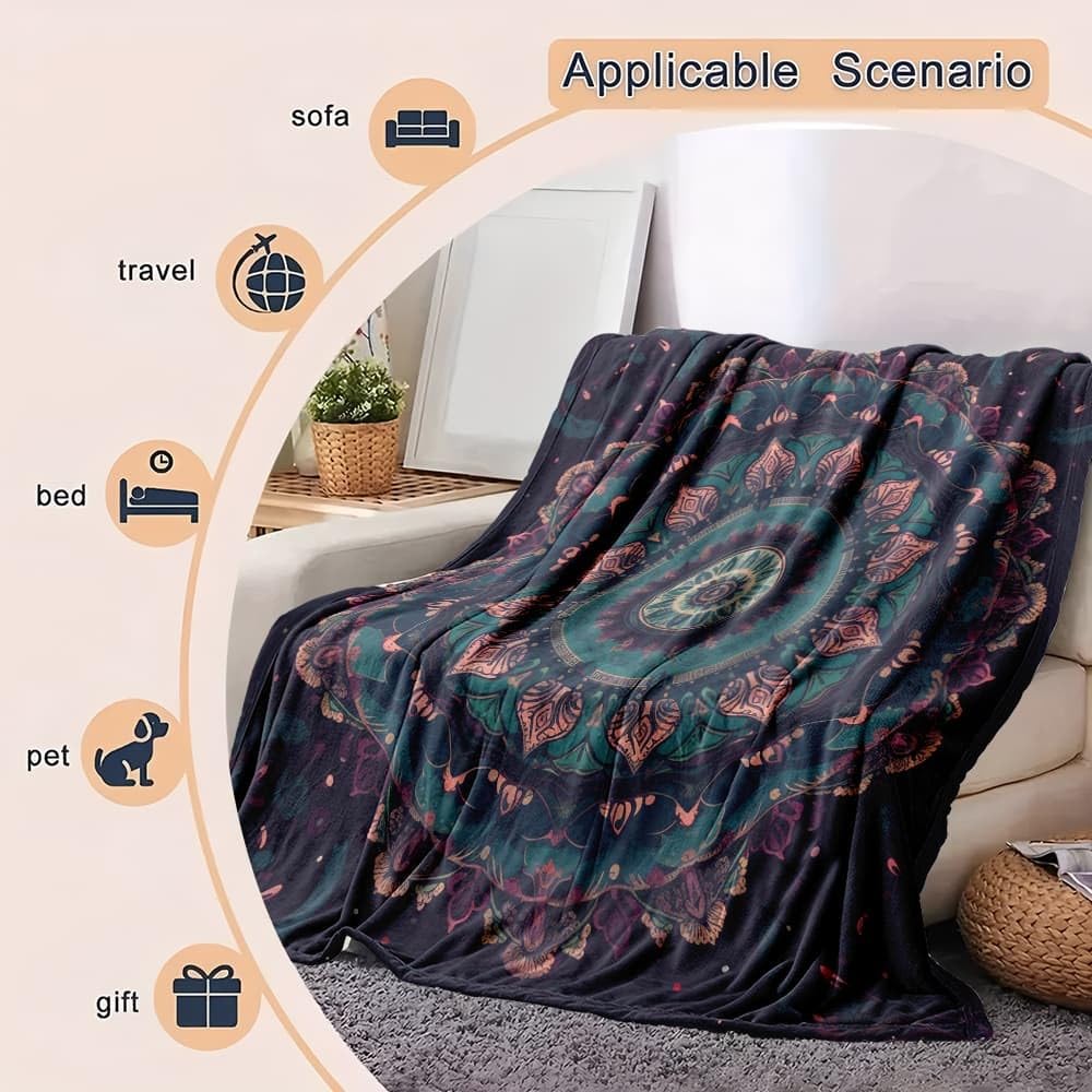 Lekki antystatyczny koc wełniany XXL 180 x 220 cm kwiatowy wzór mandala koc flanelowy super miękki ciemnofioletowy na łóżko sofa biuro ochraniacz na kolana łóżko samochód kemping plaża