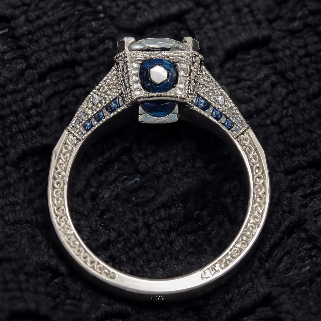 Lab-Created Art Deco Round Diamond & Blue Sapphire Engagement 925 Silver Ring