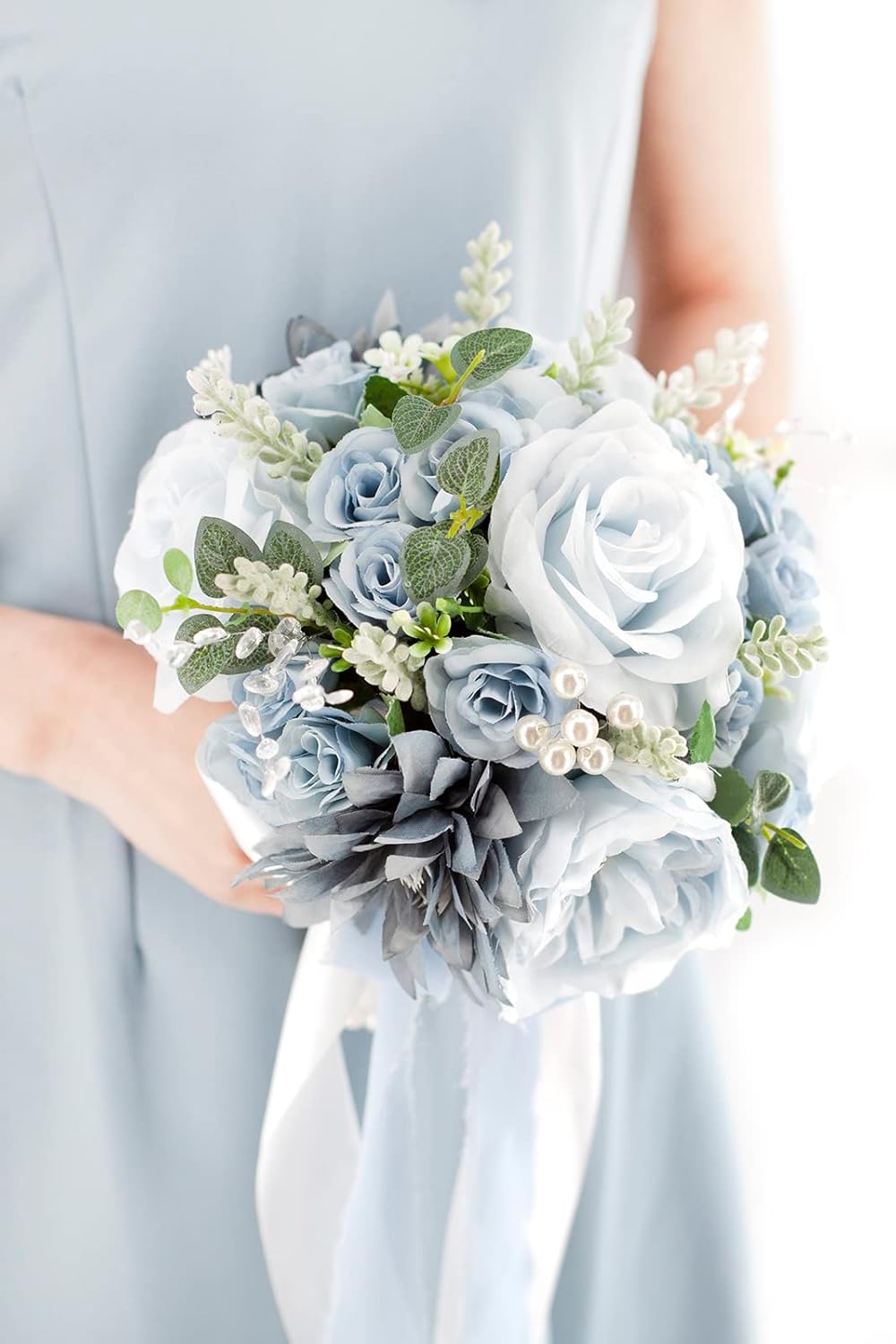 Dusty Blue Wedding Bouquets for Bride Bridesmaid Artificial Roses Flowers Bridal Bouquet for Rustic French Vintage Formal Wedding Church Home Decoration - Image 4