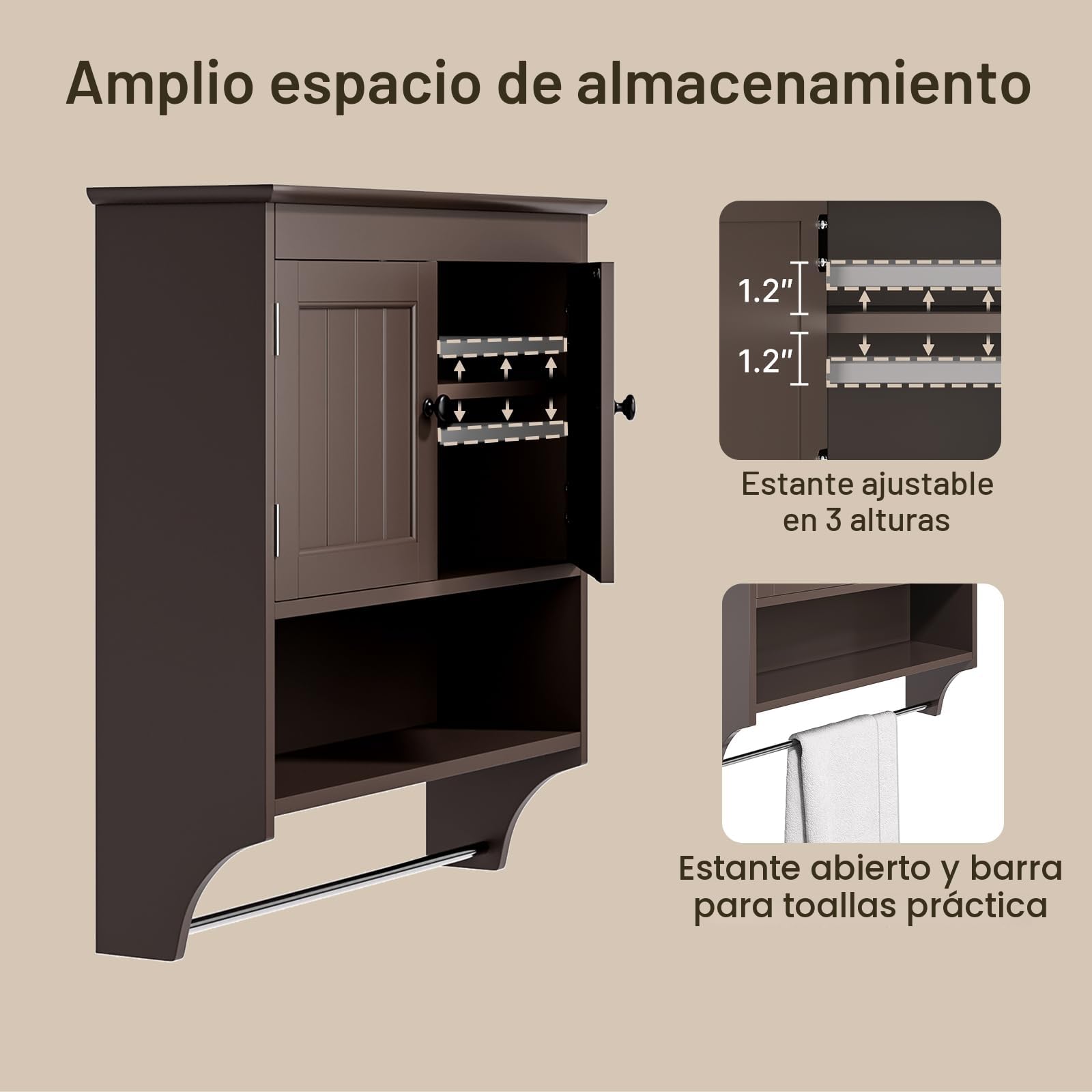 Bealife Mueble de baño suspendido, Armario Doble suspendido, Ahorra Espacio, Armario de Pared con 2 Puertas Estante Ajustable, Barra para Toallas, 19.8 x 60.5 x 69.8 cm, Blanco (marrón Oscuro)