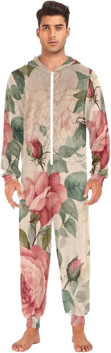 GAIREG Vintage Rose Pink Men's Women's Zipper Onesie Pjs, Christmas Pajama Onesie for Adults