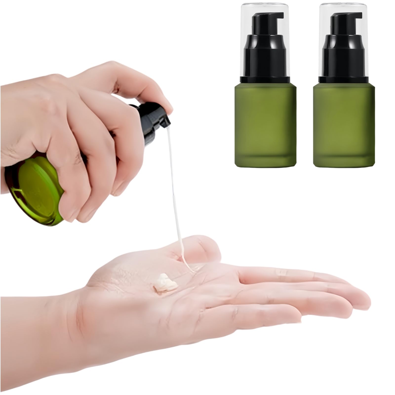 2 sztuki 60 ml puste zielone butelki ze szkła mlecznego z buteleczkami z pompką, dozownikami kosmetyków, szklankami, pojemnikami do przechowywania, przenośna butelka podróżna, próbka