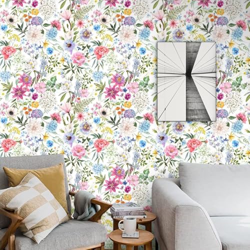 Pixie Daisy Peel and Stick Wallpaper Floral Watercolor Wildflowers Leaves Vinatge Pattern Design Tropical Wallpaper Contact Paper Botanical Wallpaper Removable Wall Decor Self Adhesive 16.5By87INCH