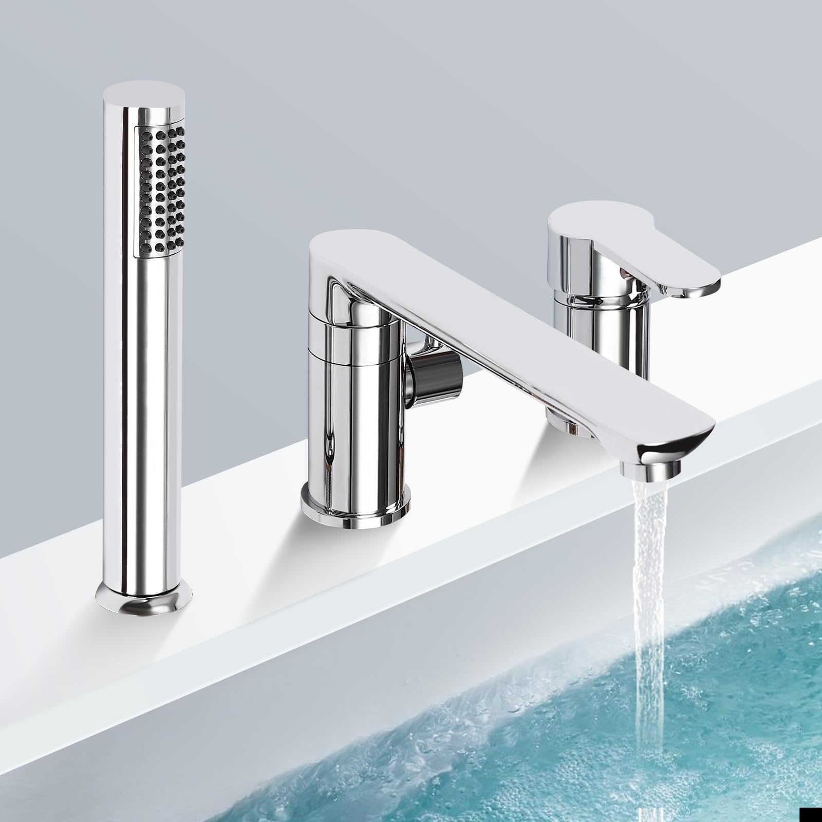Rubinetto per vasca da bagno a 3 fori con maniglia singola, rubinetteria da bordo vasca con doccetta estraibile e ugello di uscita dell'acqua girevole a 360°, set di rubinetteria per bordo vasca da