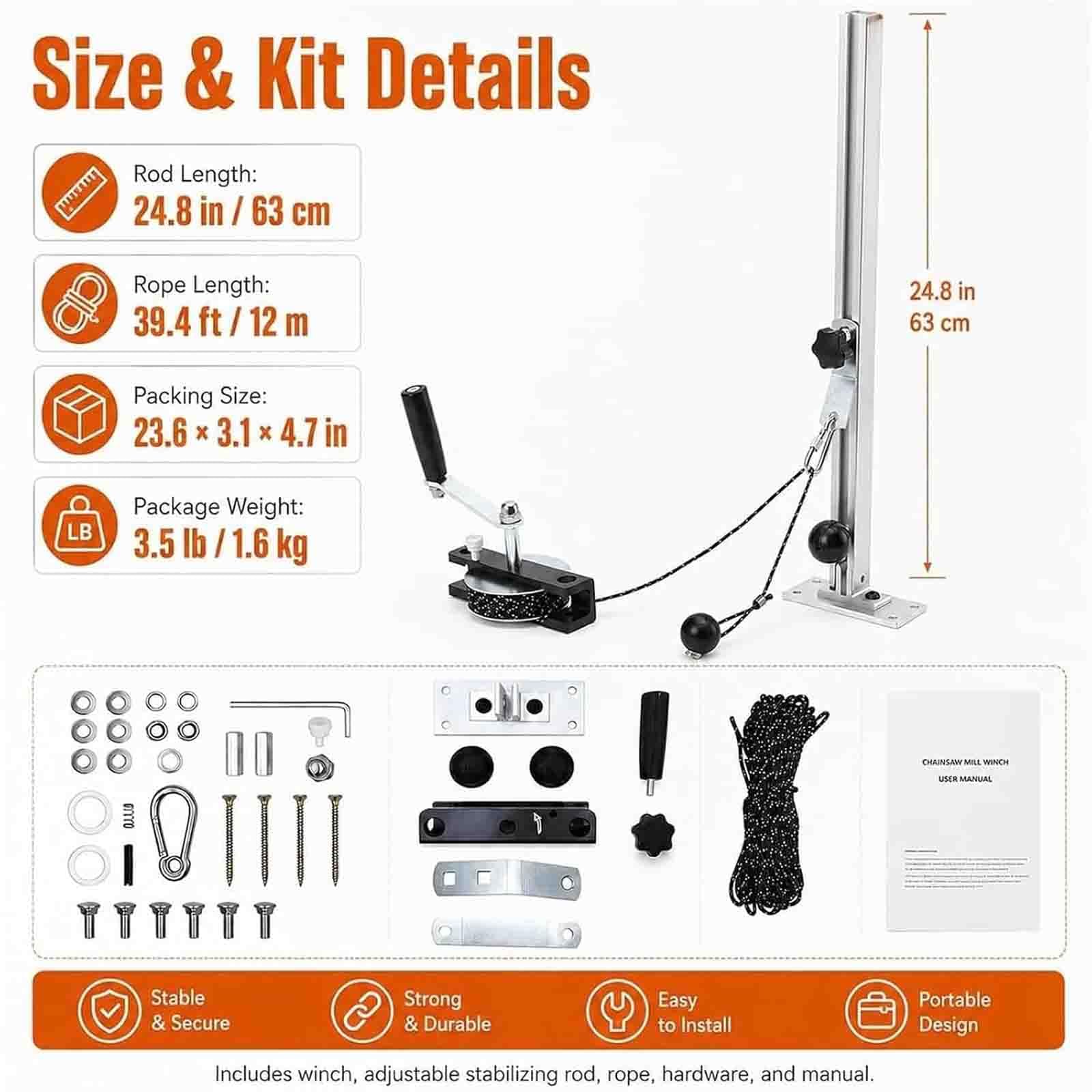 Kit de cabrestante para molino de motosierra, para corte de troncos | Accesorios eficientes para motosierras, con cabrestante y varilla estabilizadora ajustable