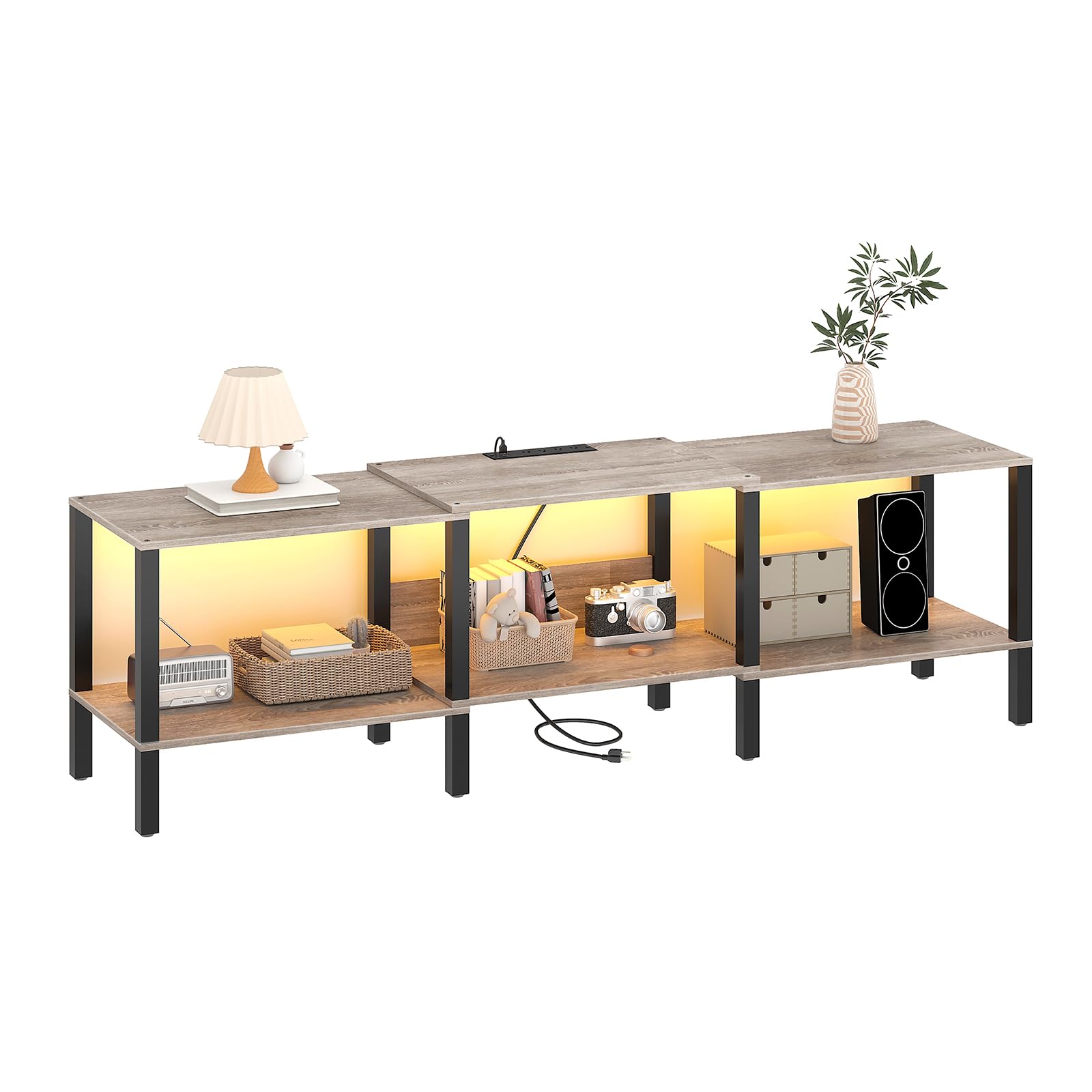 HHETOGOL LED TV Stand with Power Outlet for Living Room+75 Inch Wood TV Media Console for 45/55/65/75 inch TVs?Industrial TV Stand?TV Stand Media Entertainment Center,Greige LTV06ZE