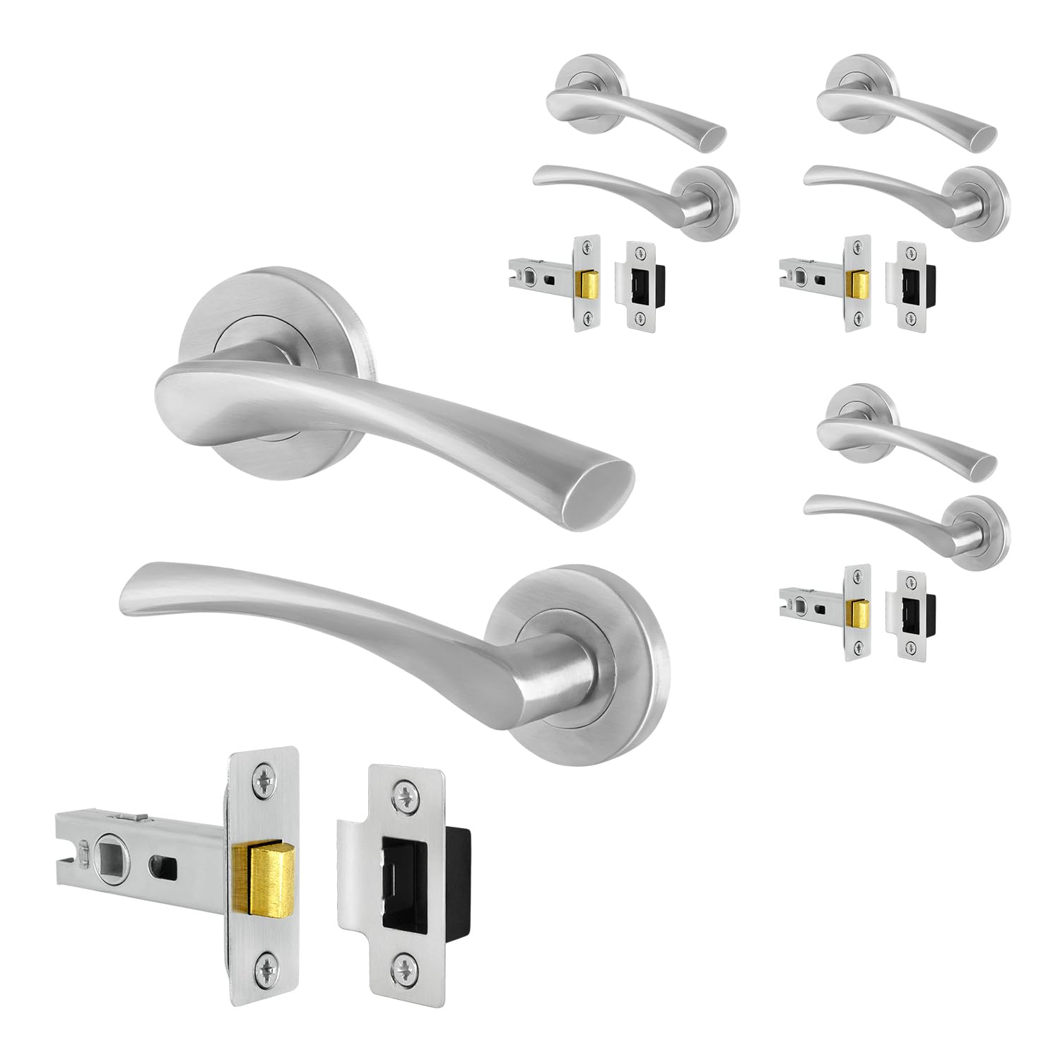 EAI Satin Door Handle Latch Set, 4 Pairs of Internal Lever on Rose Satin Nickel Door Handles & Latch (64mm) - Novoli