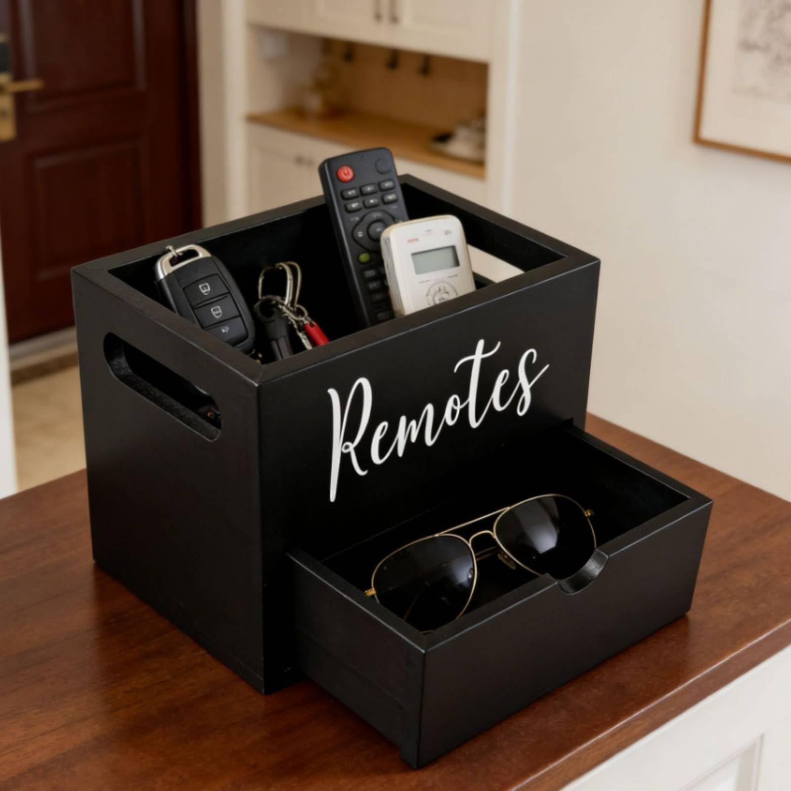 Organizador de Escritorio Caja Almacenamiento Soporte Controles Cajón Madera Maciza con Compartimento Hueco Laterales Superficie Pintada Lisa Adecuado, Blanco