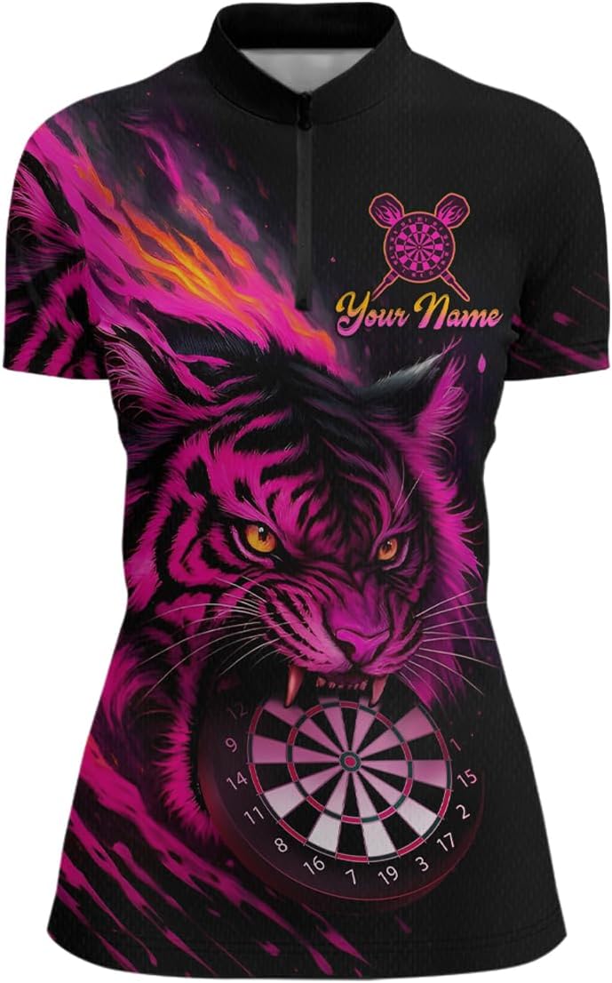 Custom Pink Tiger Dart Shirt for Team Men Women Dart Shirts Tiger Dart Jersey Dartboard Shirt Polo and Quarter Zip Shirts