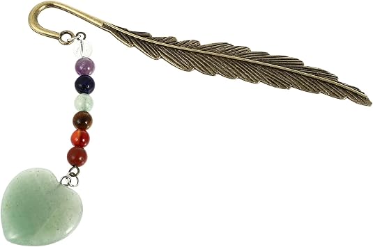 Natural Stone Metal Bookmark with Plume Shape and Heart Design Lightweight Decorative Page-Marker for Book Lovers Thin Reading Accessory