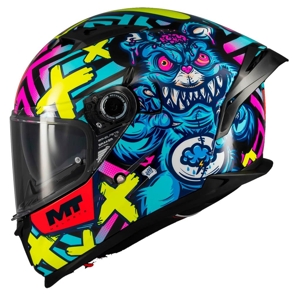 MT Helmets Braker SV Designed Crazy Teddy Azul 2026 - Casco de Moto Integral con Visor Solar, para Hombre y Mujer, Homologado ECE 22.06