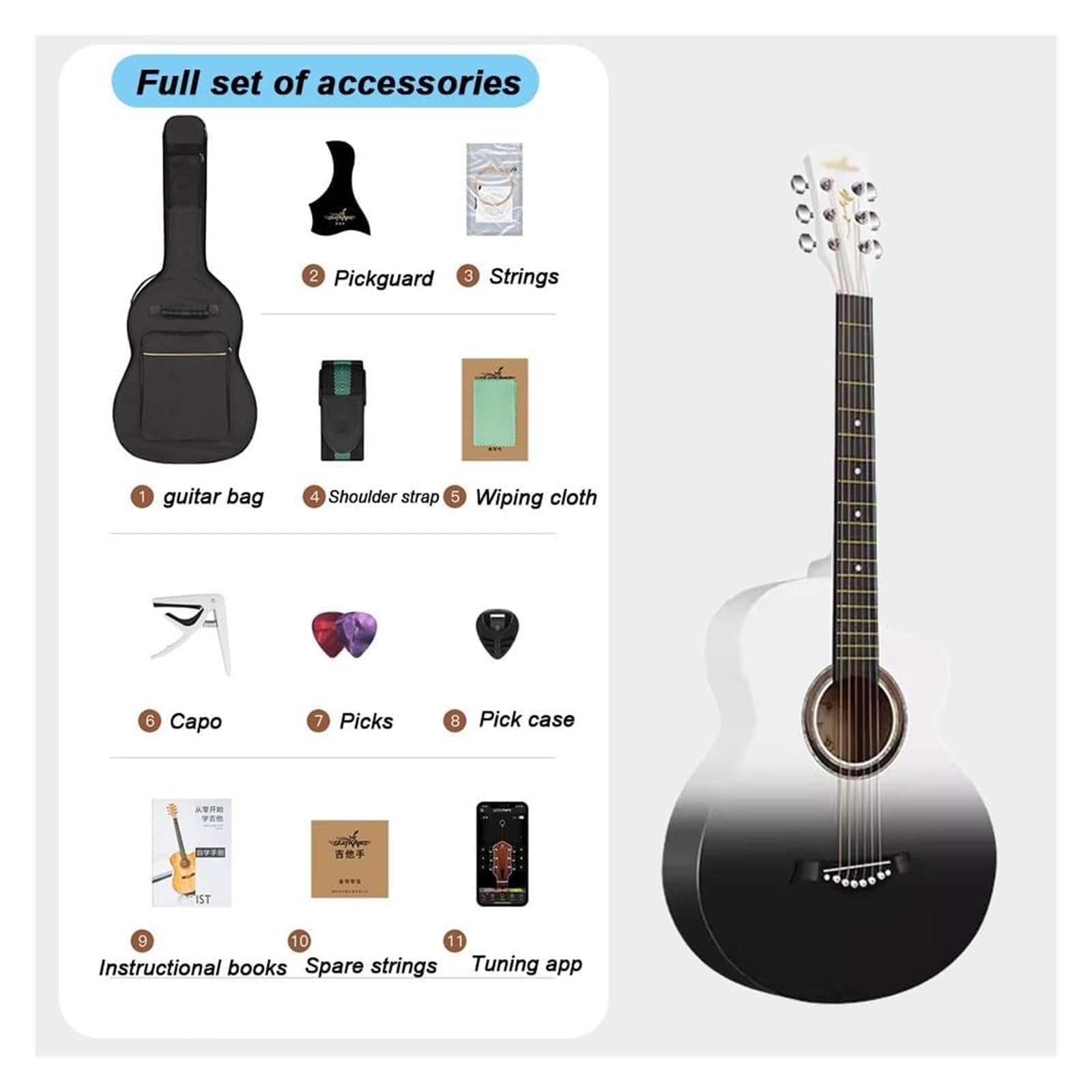 Einsteiger-Akustikgitarren-Paket, 2-farbiges Sunburst-Cutaway-Gitarren-Basis-Starterset Mit Gigbag, Saiten, Gurt, Stimmgerät, Stimmpfeife Und Plektren, Geeignet(Light green,41 inches)