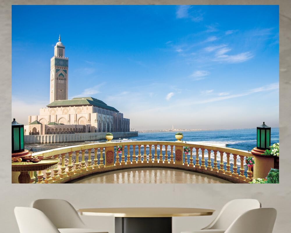 JZZD07819 Morocco Mosque Coast Ocean Casablanca Mesquita De| Self-Adhesive Open Window Wall Sticker