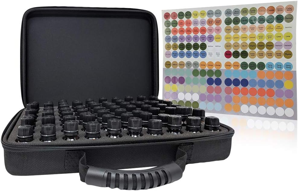 Essential Oils Carrying Case - Hard Shell Travel Case Perfect for Essential Oil Storage - Comes with Labels, Foam Insert, Carrying Handle (70 Bottles, Black)