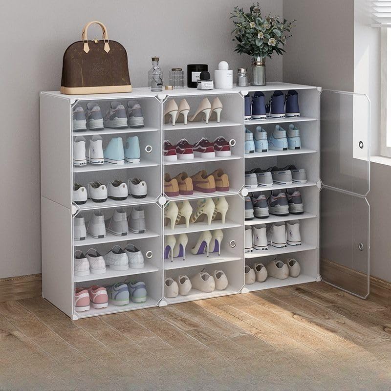 Étagère à chaussures empilable avec portes transparentes design pliable