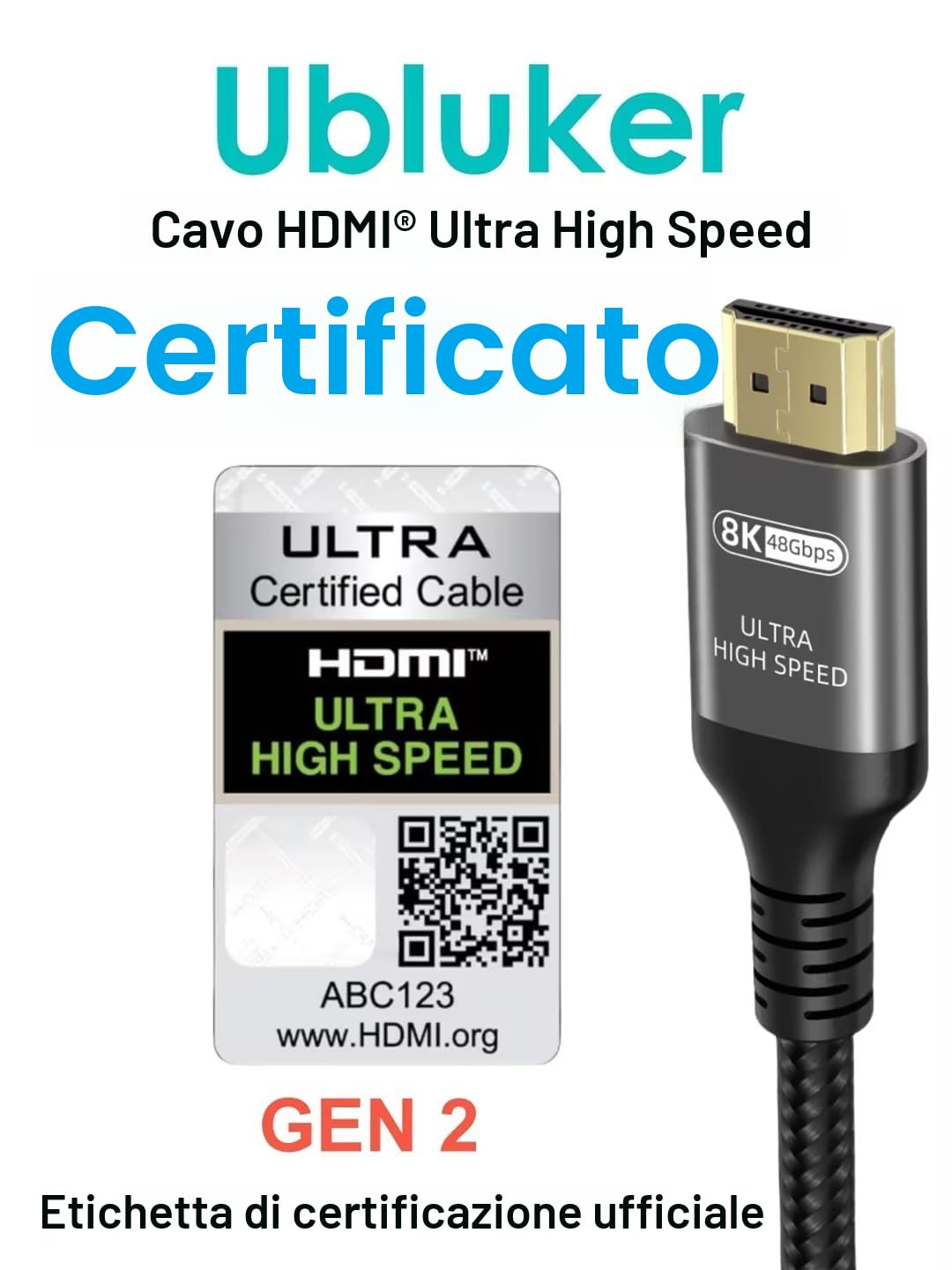 Ubluker 10K 8K 4K Cavo HDMI 48Gbps 3M, Certificato Velocità Ultra Elevata HDMI® Cavi 4K 240Hz 144Hz 120Hz 8K60Hz 0,01ms HDR10+ ARC eARC HDCP2.3 Netflix TV PC Monitor Proiettore PS5