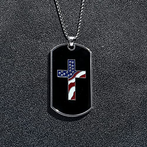 Priwety Show Your Patriotism With Our American Flag Cross Dog Tag Pendant Necklace For Men Gift For Soldiers And Veterans - 23" Chain(Black) #TOP3