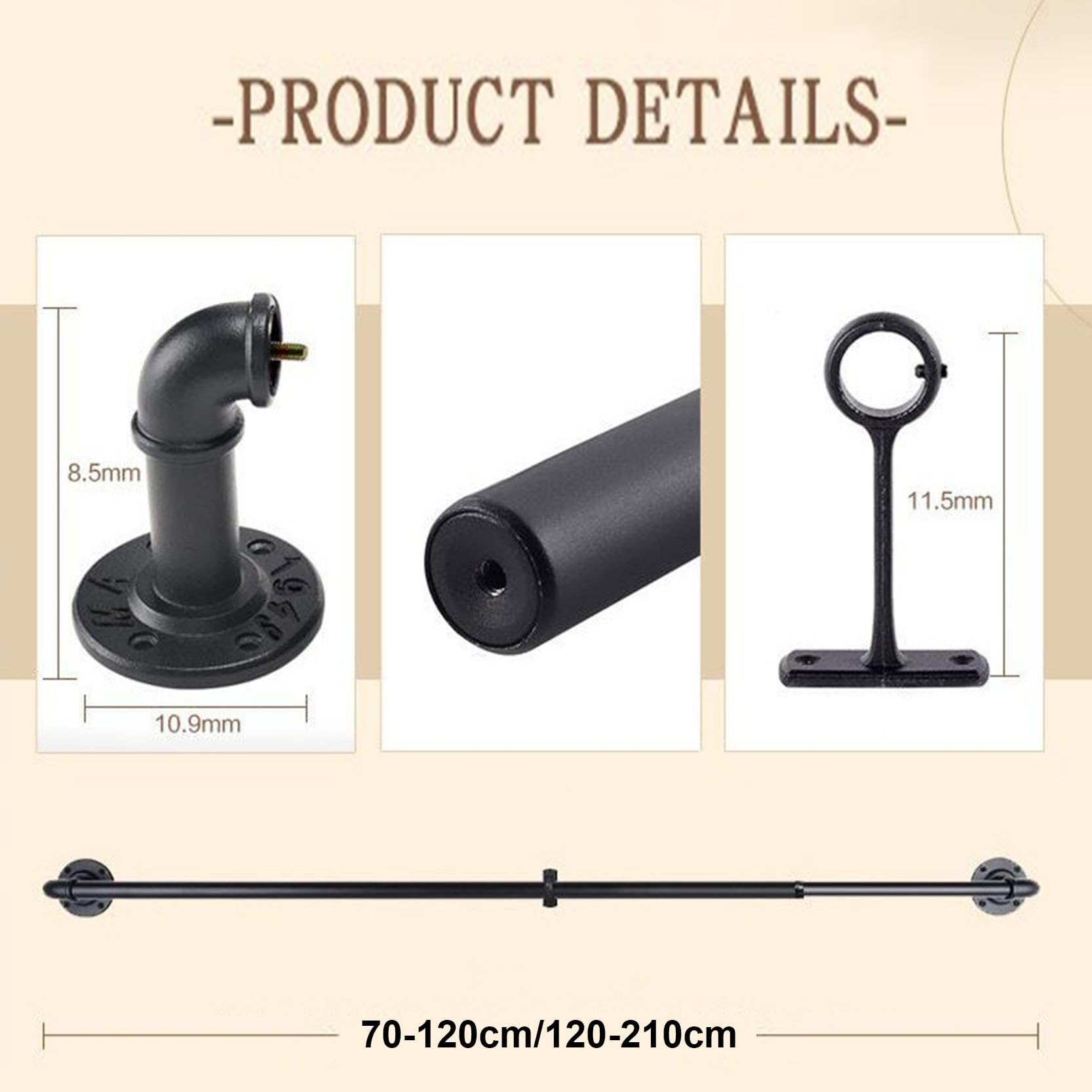 Wickel Gardinenstangen, Schwarze Gardinenstange für Fenster, Verdunkelung Gardinenstange, Raumteiler-Gardinenschiene, Kleiderstange Aus Metall, Robuste Rohrgardinenstange(Size:70-120cm)
