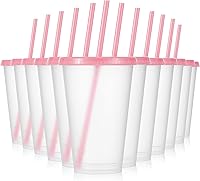 Vista 13 de Mifoci 12 vasos de plástico con tapas y pajillas, vasos de plástico reutilizables, vaso a granel con popote y tapa, vaso helado para beber agua, Rosa