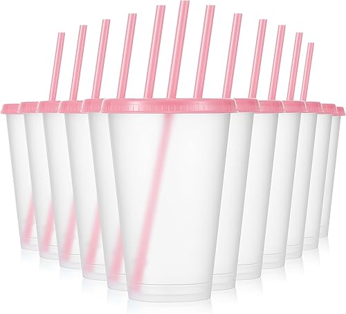 Vista 33 de Mifoci 12 vasos de plástico con tapas y pajillas, vasos de plástico reutilizables, vaso a granel con popote y tapa, vaso helado para beber agua