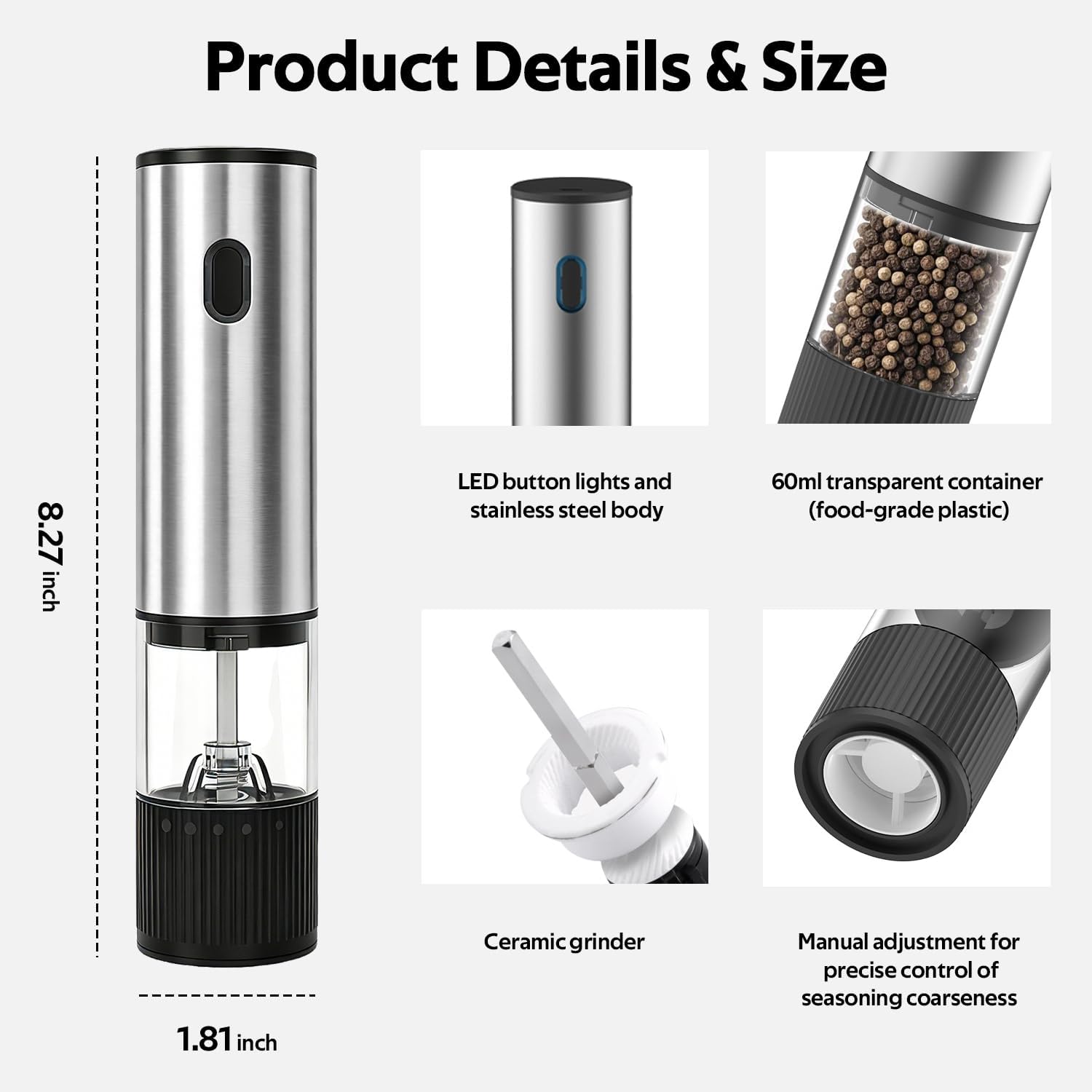 Electric Stainless Steel Pepper Grinder, Rechargeable Automatic Salt and Pepper Shakers with 5 Adjustable Coarseness, 80ml Container and LED Light, Silver
