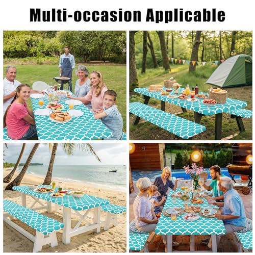 Smiry Picnic Table Cover with Bench Covers, Waterproof Elastic Fitted Tablecloth for 6 Foot Tables, Washable Polyester Tablecloths for Camping, Indoor & Outdoor (Teal, 30x72 Inch 3-pc Set) — view 6