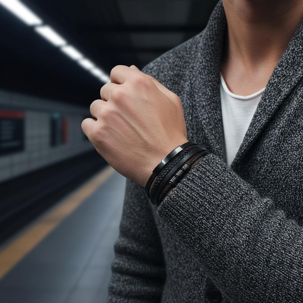 UNIQAL | Lederarmband Herren "BLACK SHAPE" Mens Bracelet | Edelstahl, Echtleder | Etui Box Gratis
