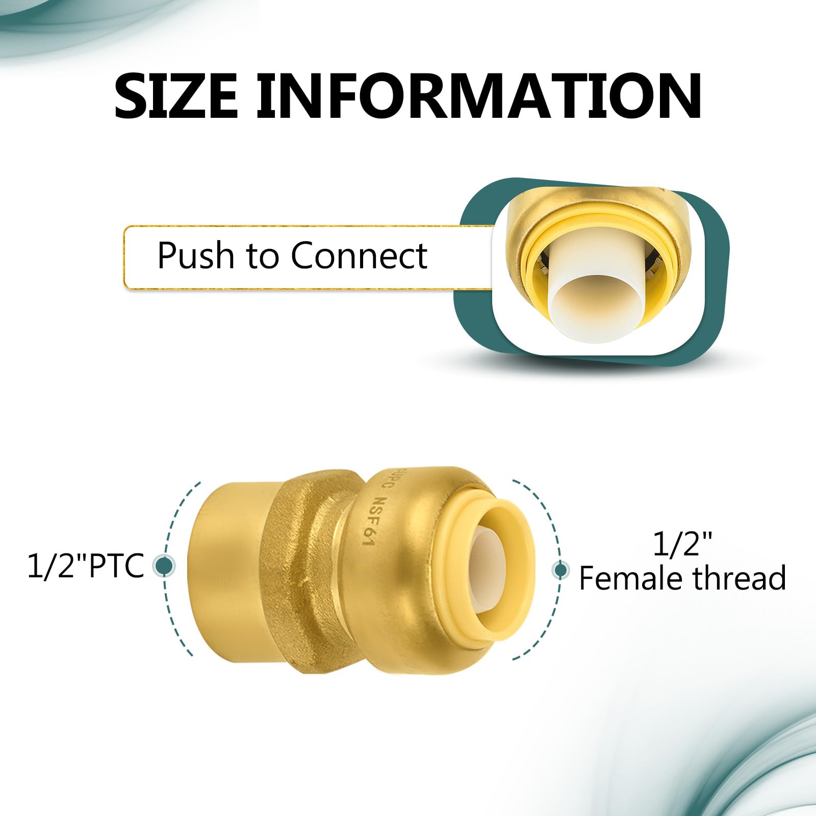 100 szt. Niikappu Push Fit 1/2 cala x 1/2 cala żeńskie adaptery mosiężne NPT, złączki wciskane z klipsem odłączającym do podłączenia rur PEX, miedzi, CPVC (PF030-100 sztuk)