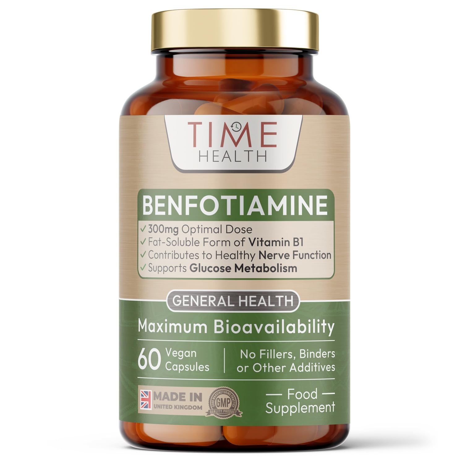Time Health New: Benfotiamine - 300mg - Fat Soluble Vitamin B1 (Thiamine) - >98% Purity - UK Made Supplement - GMP Standards - Zero Additives